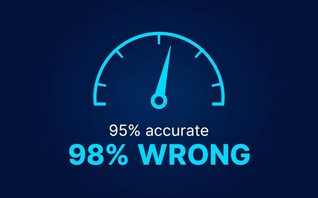Accuracy gauge reading 95% accurate and 98% wrong, illustrating false positives and the base-rate trap in audit exception testing Describes the image and seeds the keywords (false positives, base-rate, audit exception testing) without stuffing.